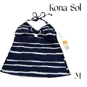 Kona Sol Navy and White Striped Tankini Halter Top size Medium NWT